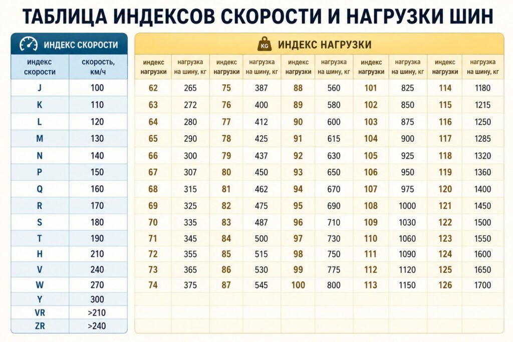 Таблица индексов скорости и нагрузки шин